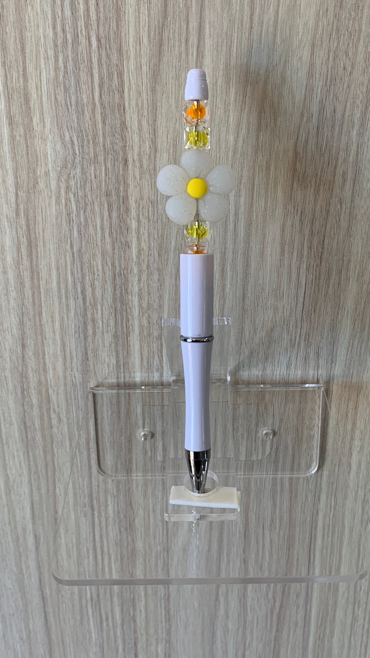 Beaded Pen - White Daisy Flower Bead Yellow Amber Faceted Beads