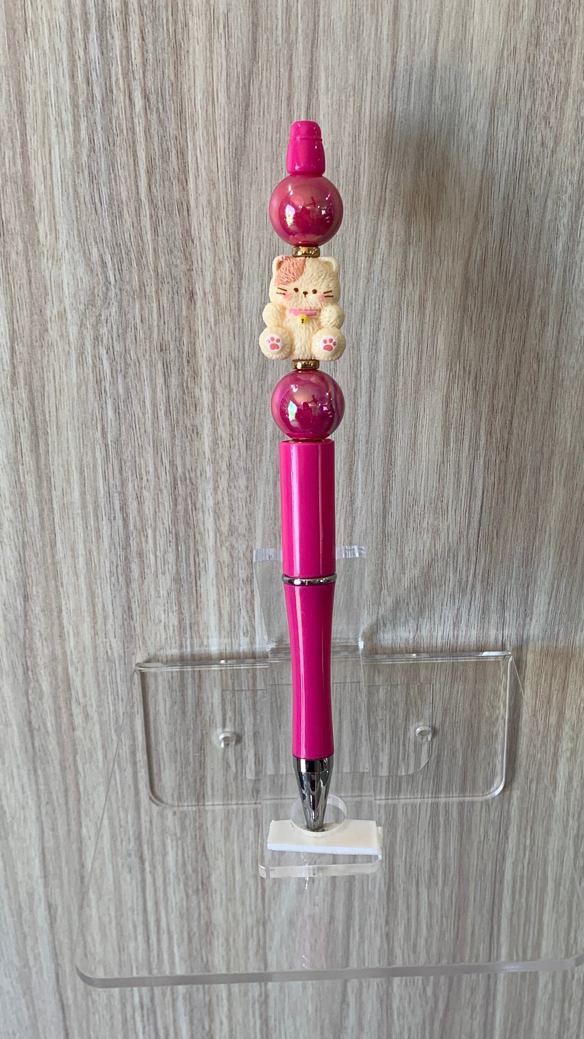 Beaded Pen - Hot Pink Cat Charm Shiny Pink Ball Beads