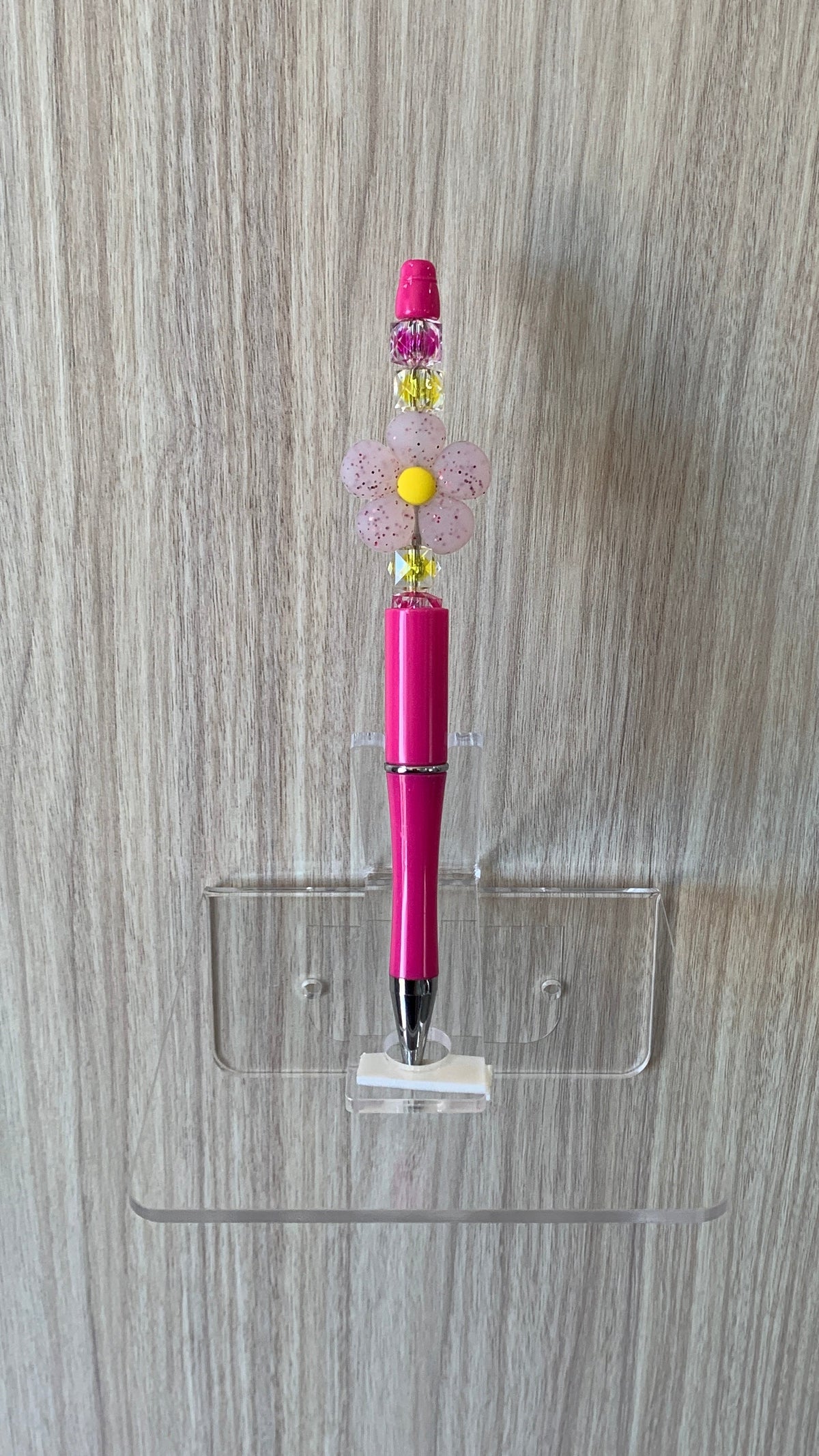 Beaded Pen - Hot Pink Cream Daisy Flower Bead Yellow Star Pink Beads