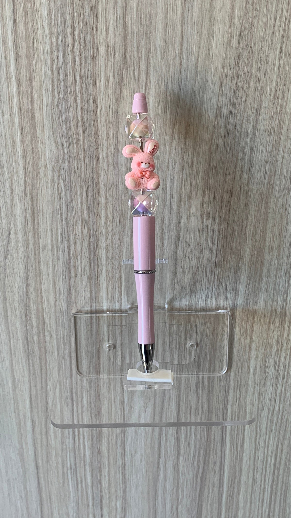 Beaded Pen - Pink Bunny Charm Love Heart Clear Iridescent Cube Beads