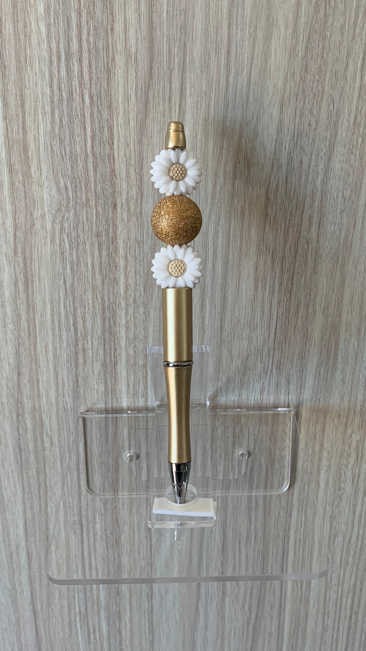 Handmade Daisy & Amber Beaded Pen - Gold & White