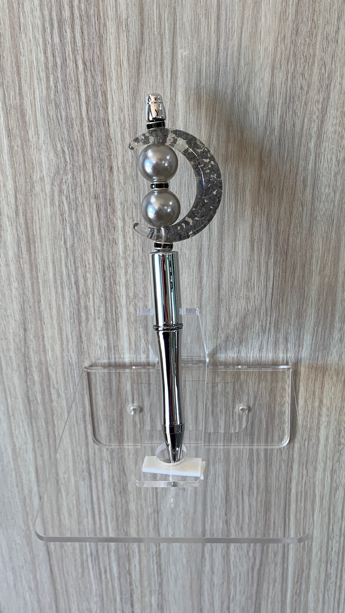 Beaded Pen - Silver Pearl Crescent Moon Clear Bead