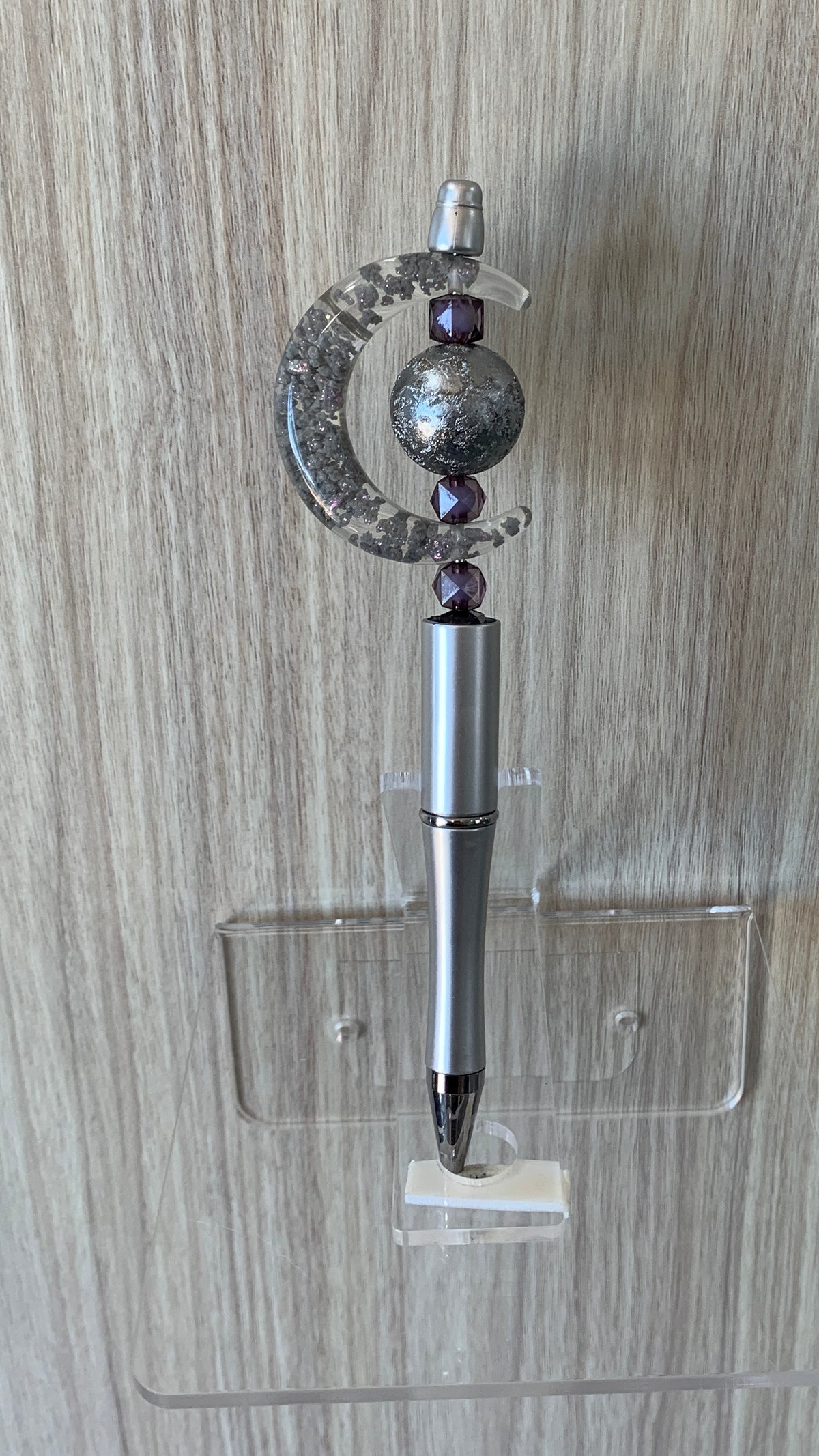 Beaded Pen - Silver Grey Marbled Ball Cube Beads Crescent Moon