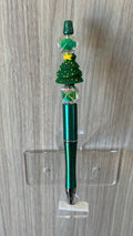 Beaded Pen - Teal Christmas Tree Charm Yellow Star Iridescent Green Cube Beads