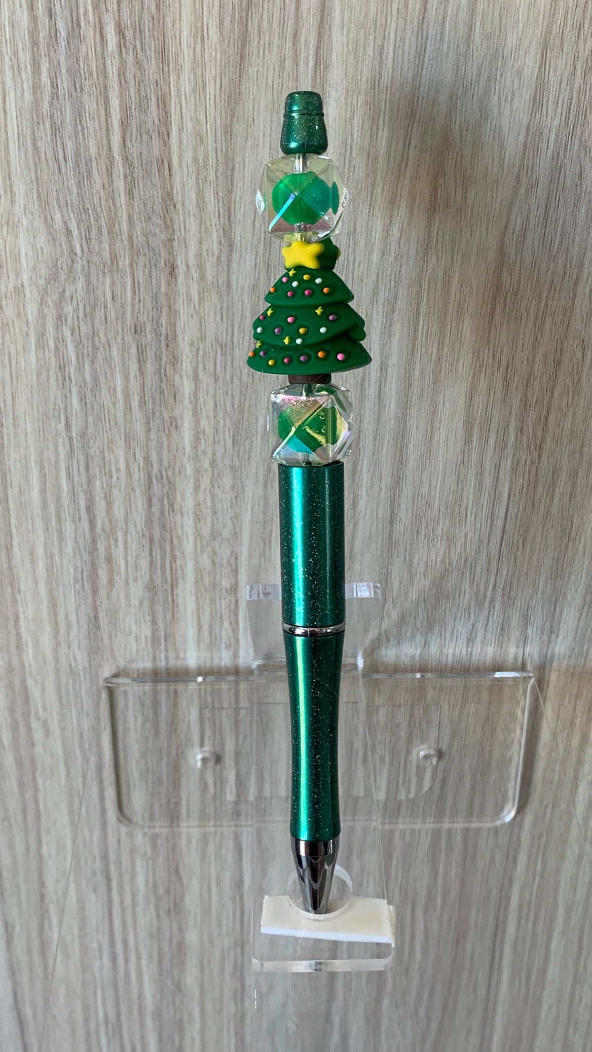 Beaded Pen - Teal Christmas Tree Charm Yellow Star Iridescent Green Cube Beads