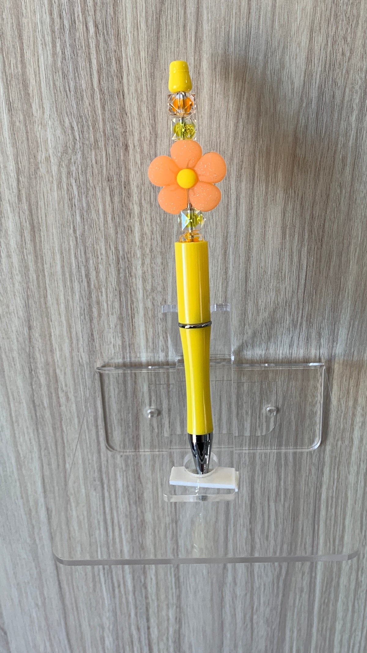 Beaded Pen - Yellow Orange Daisy Flower Bead Lime Green Faceted Beads