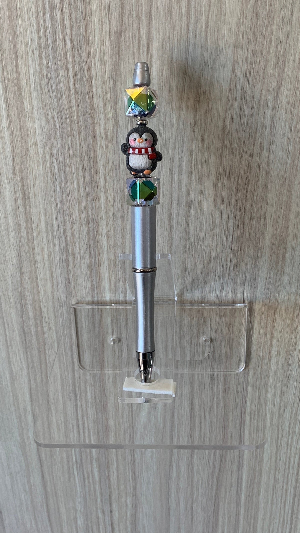 Beaded Pen - Silver Penguin Charm Red Scarf Iridescent Cube Beads