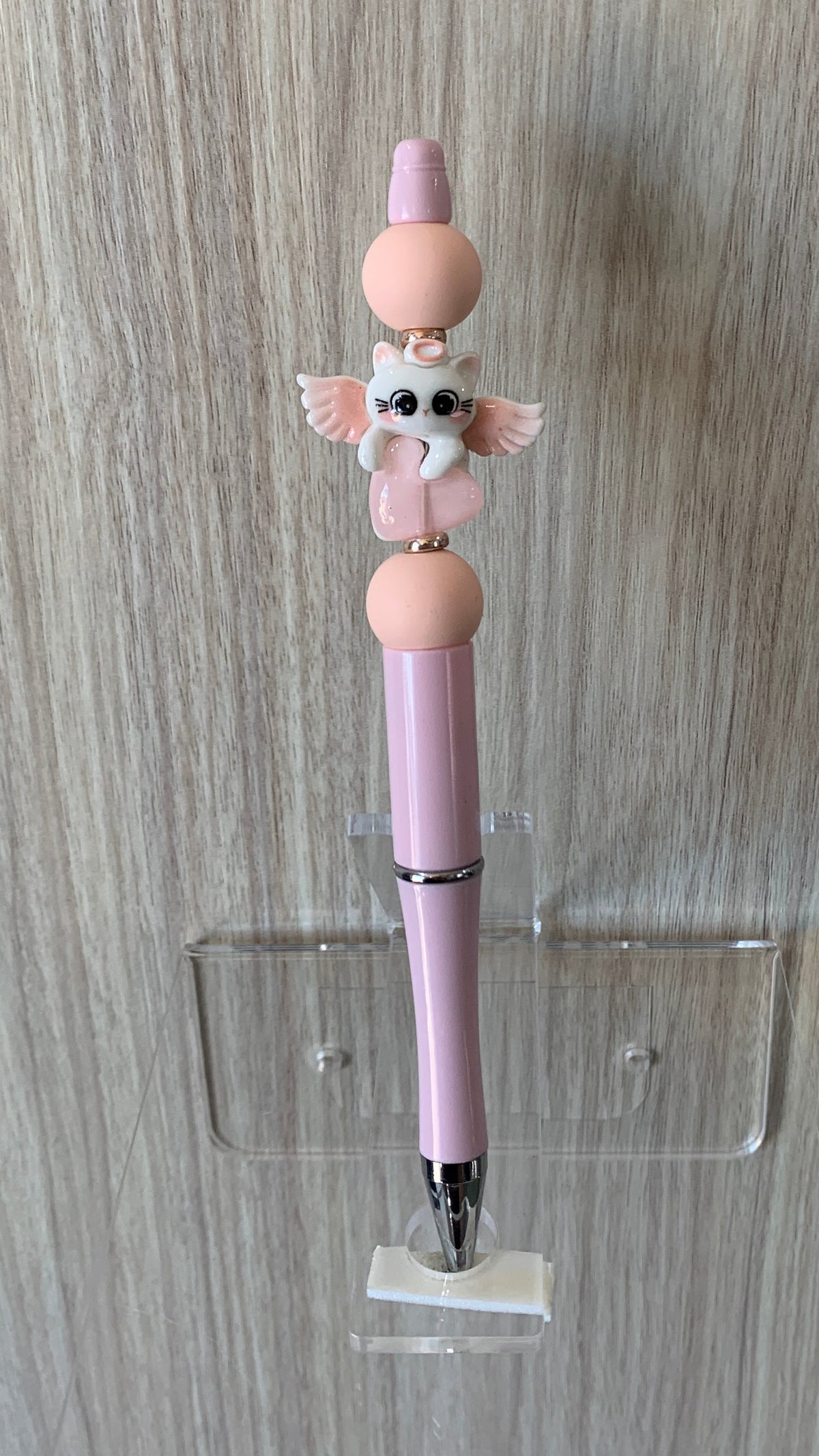 Beaded Pen - Blush Pink Peach Ball Beads Cute Cat Charm