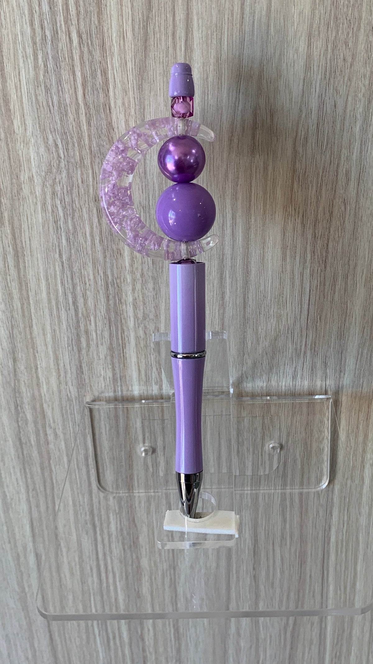 Beaded Pen - Lilac Purple Pearl Matte Ball Beads Pink Crescent Moon