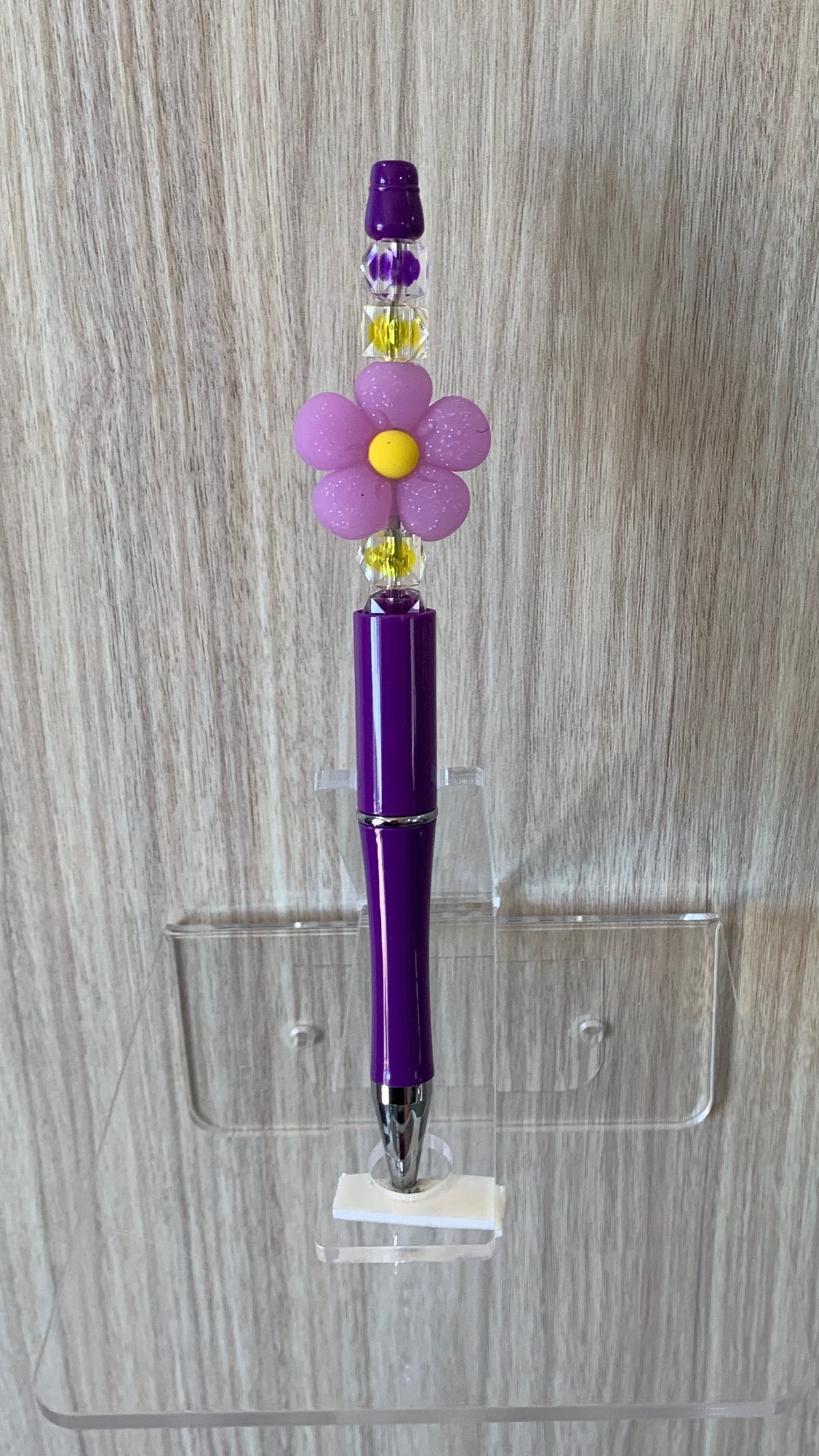 Beaded Pen - Purple Pink Daisy Flower Bead Purple Yellow Faceted Beads