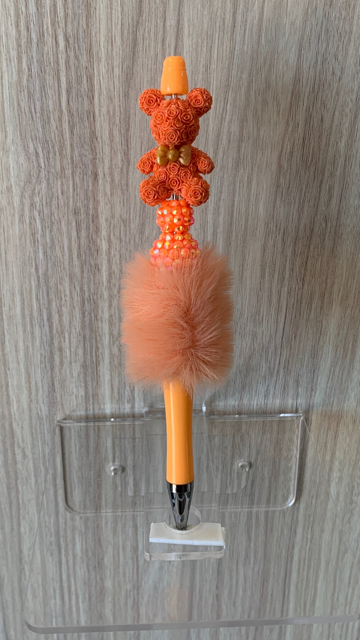 Fluffy Pen - Peach Rose Teddy Bear Charm with Rhinestone Topper