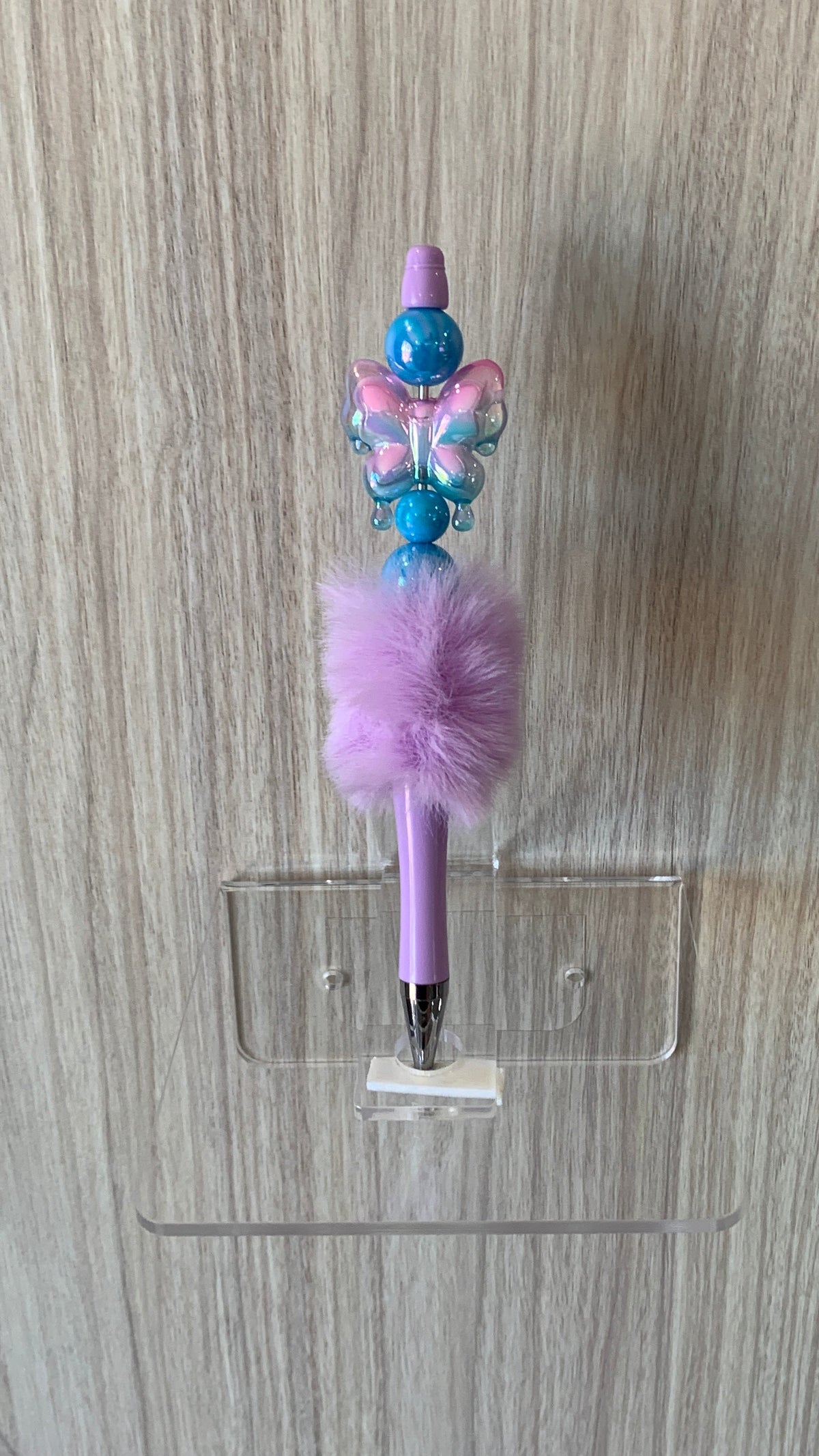 Fluffy Pen - Lilac Pastel Butterfly Charm with Teal Blue Beads