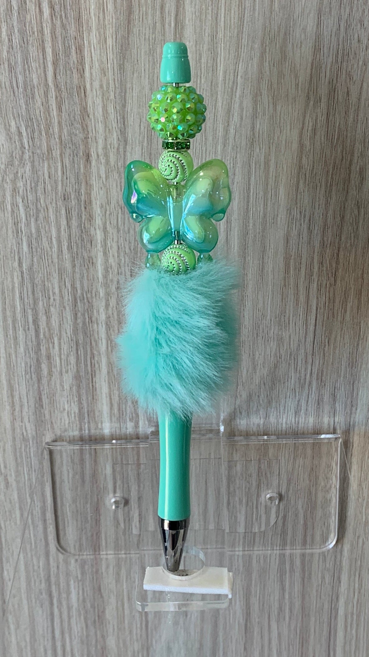 Fluffy Pen - Mint Teal Butterfly Charm with Rhinestone Topper