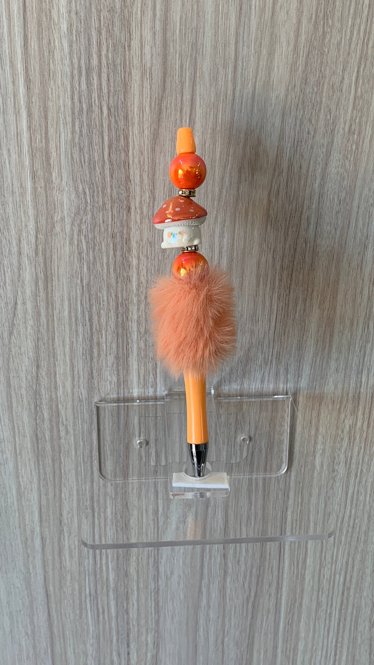 Fluffy Pen - Peach Orange Mushroom Charm with Stacked Beads and Rhinestone Spacers
