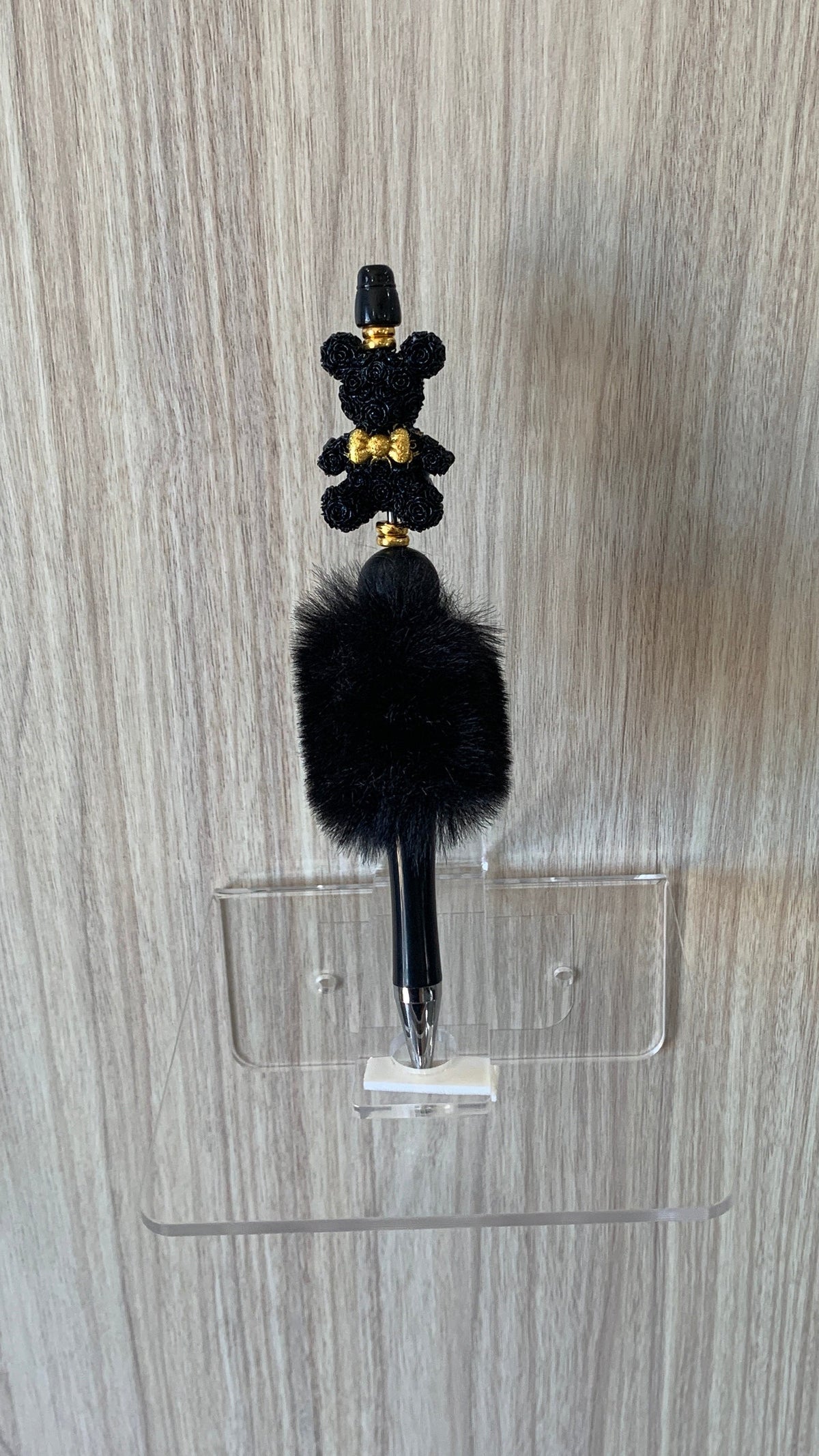 Fluffy Pen - Black Rose Teddy Bear with Gold Bow Tie and Black Topper