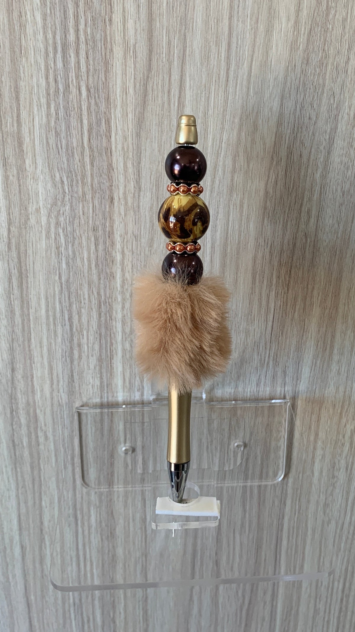 Fluffy Pen - Champagne Leopard Print Beaded with Rose Gold Spacers