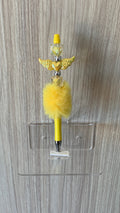 Fluffy Pen - Yellow Gold Angel Wings Charm with Crystal Beads