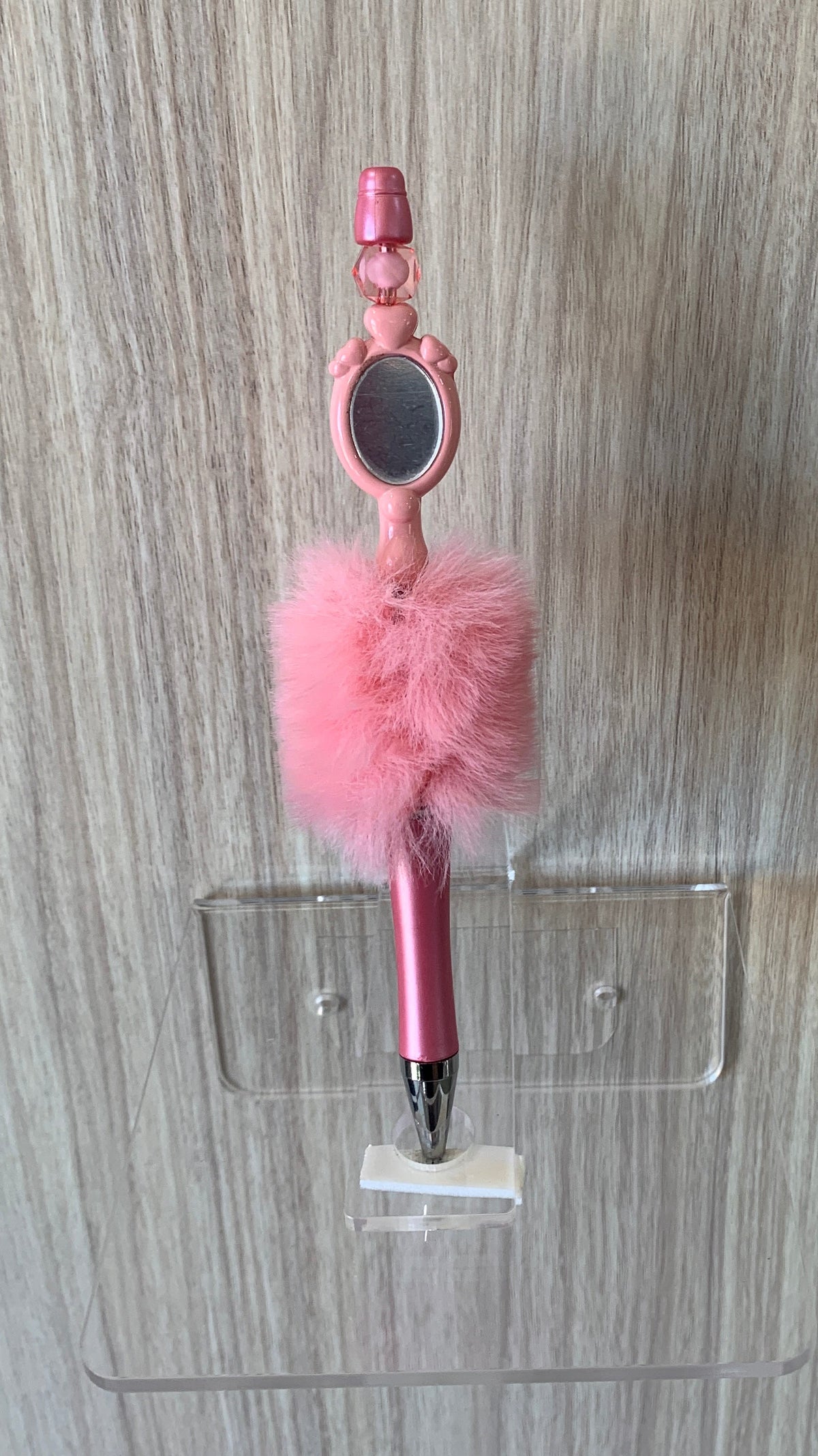 Fluffy Pen - Pink Vanity Mirror Charm with Pink Bead Topper