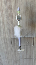 Fluffy Pen - White Vanity Mirror Charm with Green Gem Topper