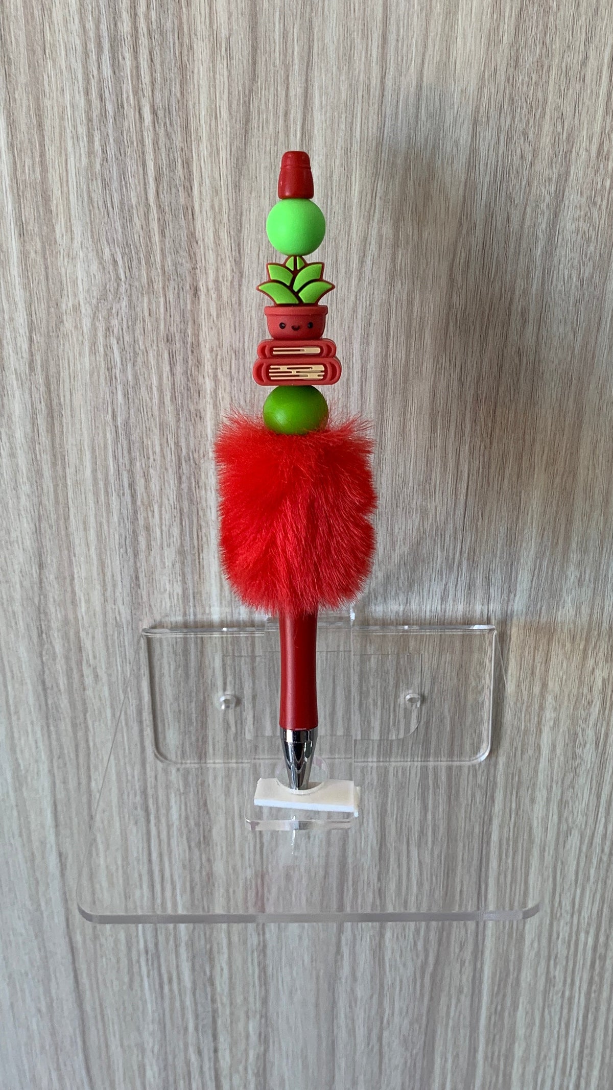 Fluffy Pen - Red Smiling Plant Pot Charm with Lime Green Wooden Beads