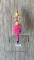 Fluffy Pen - Pink Iridescent Butterfly with Yellow Gold Disco Ball Beads