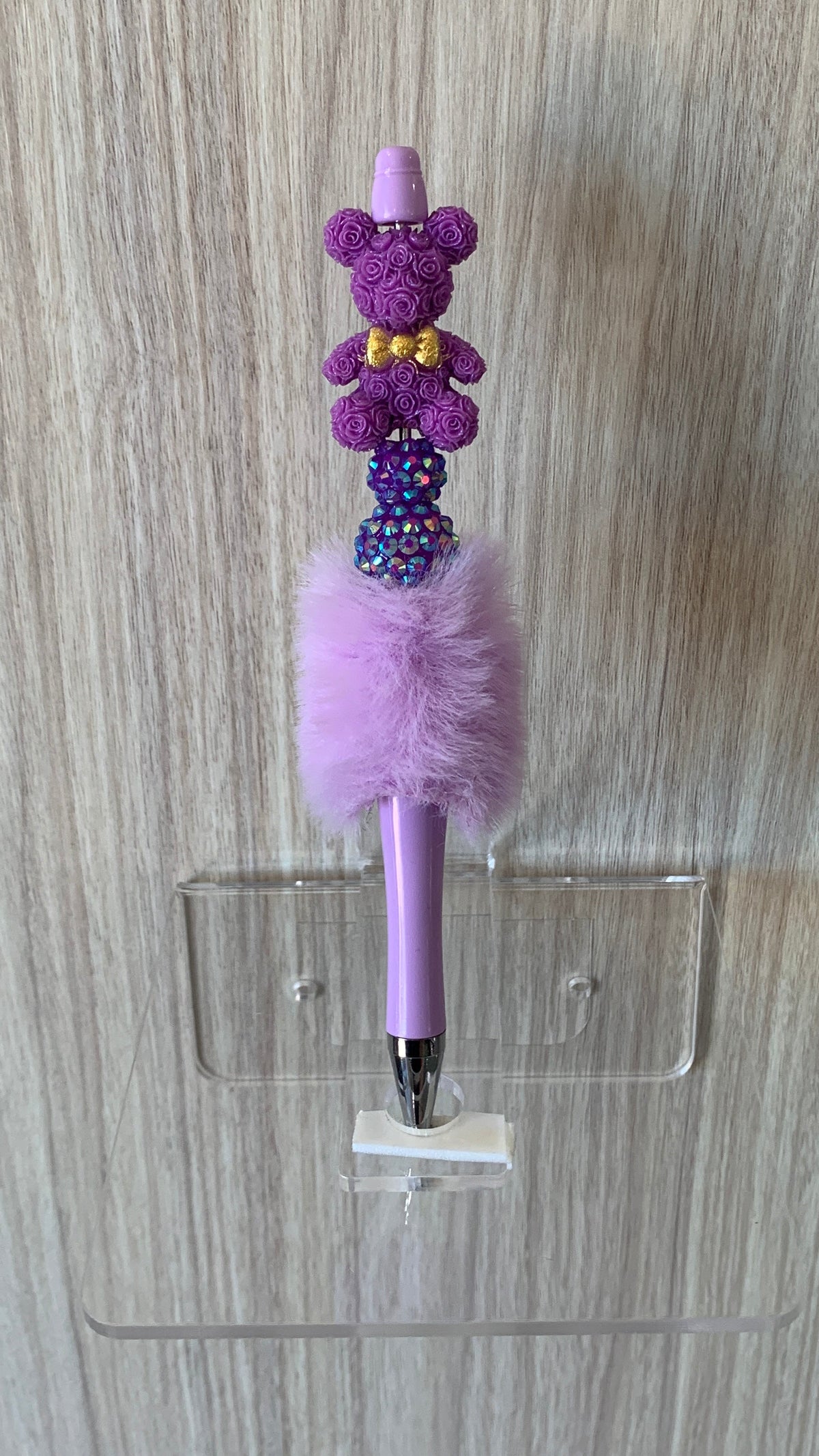 Fluffy Pen - Lavender Rose Teddy Bear with Gold Bow Tie and AB Crystal Beads