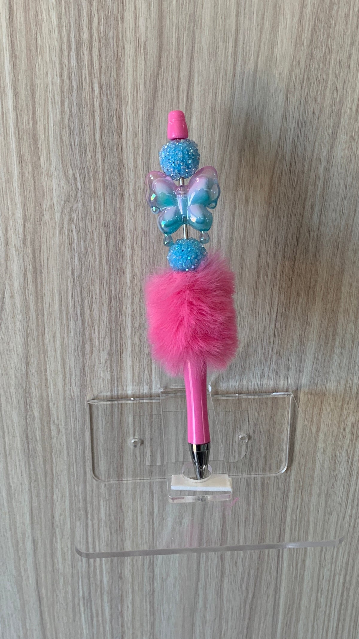 Fluffy Pen - Hot Pink Iridescent Butterfly with Blue Rhinestone Disco Ball Beads