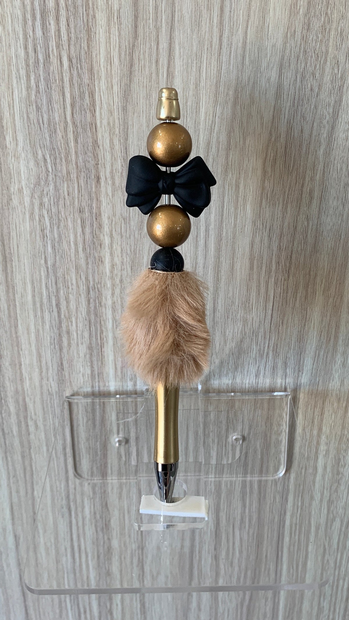 Fluffy Pen - Gold Black Glitter Bow Charm