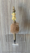 Fluffy Pen - Champagne Pearl Teddy Bear Charm with Taupe Beads and Gold Topper