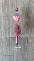 Fluffy Pen - Pink Strawberry Charm with Heart Gem Beads