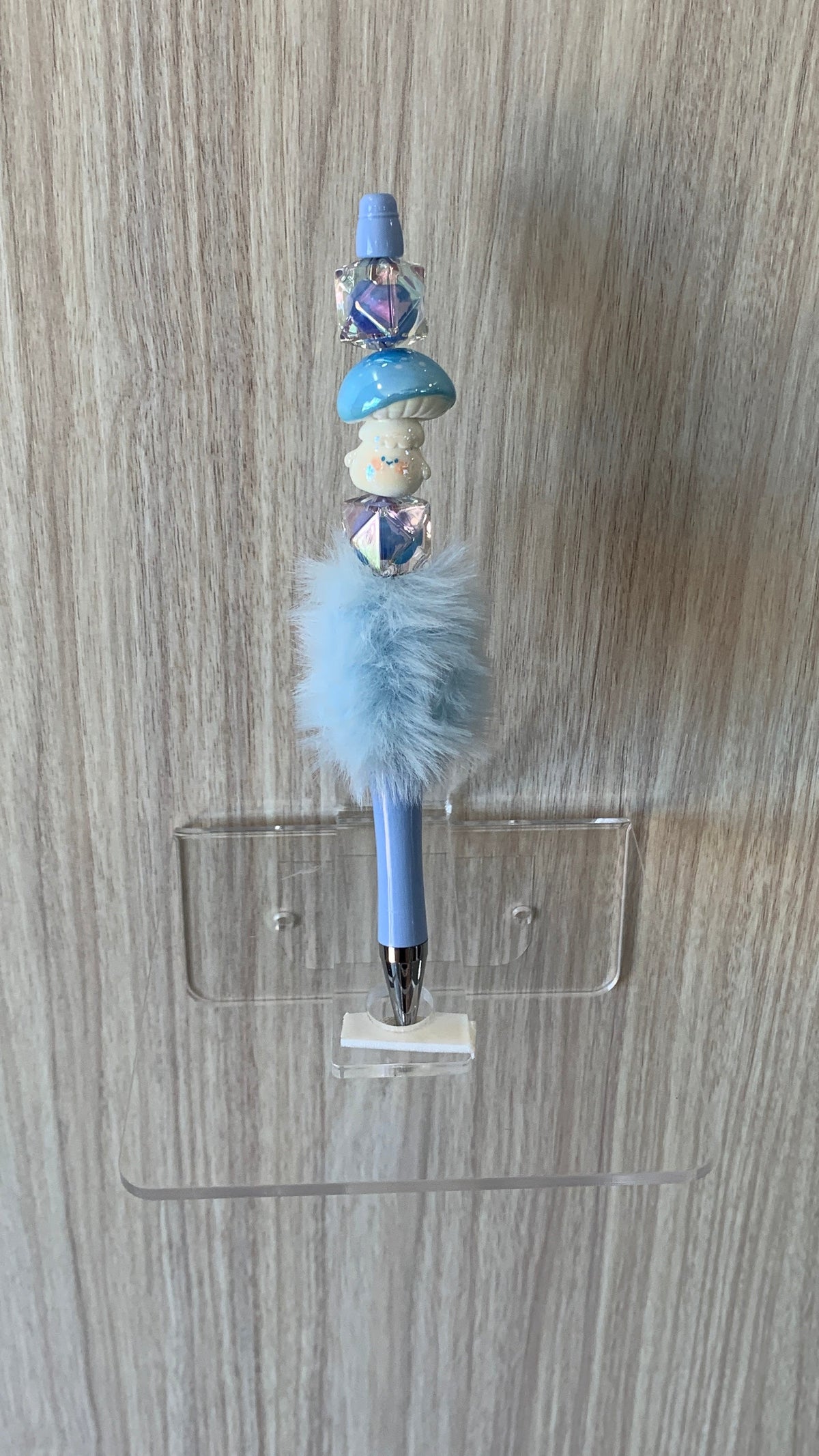 Fluffy Pen - Baby Blue Mushroom Charm with Teal Mushroom and Diamond Gem Bead
