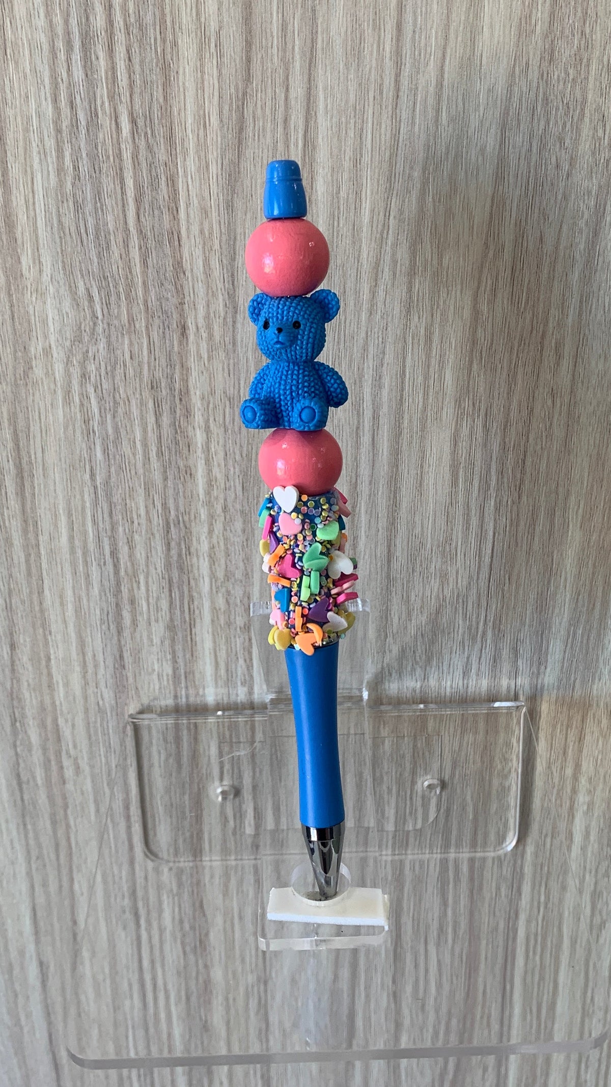 Beaded Pen - Blue Teddy Bear Charm Coral Ball Beads Confetti Heart Barrel
