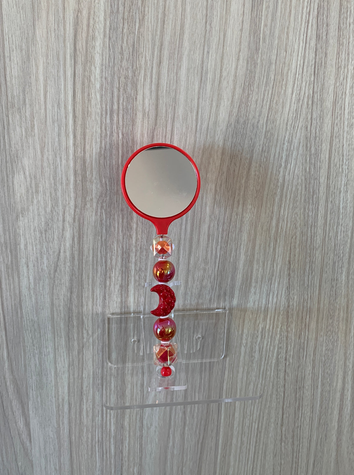 Beaded Hand Mirror – Red Crescent Moon