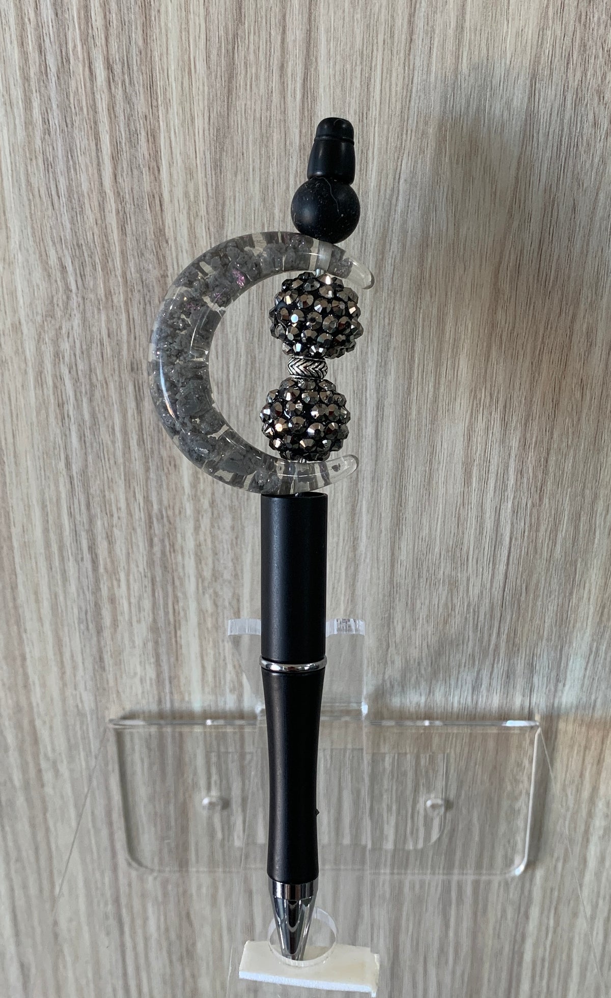 Handmade Crescent Moon & Black Rhinestone Beaded Pen - Matte Black