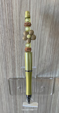 Beaded Pen - Yellow Cream Daisy Flower Bead Rose Gold Spiky Ball Beads Green Seed Beads