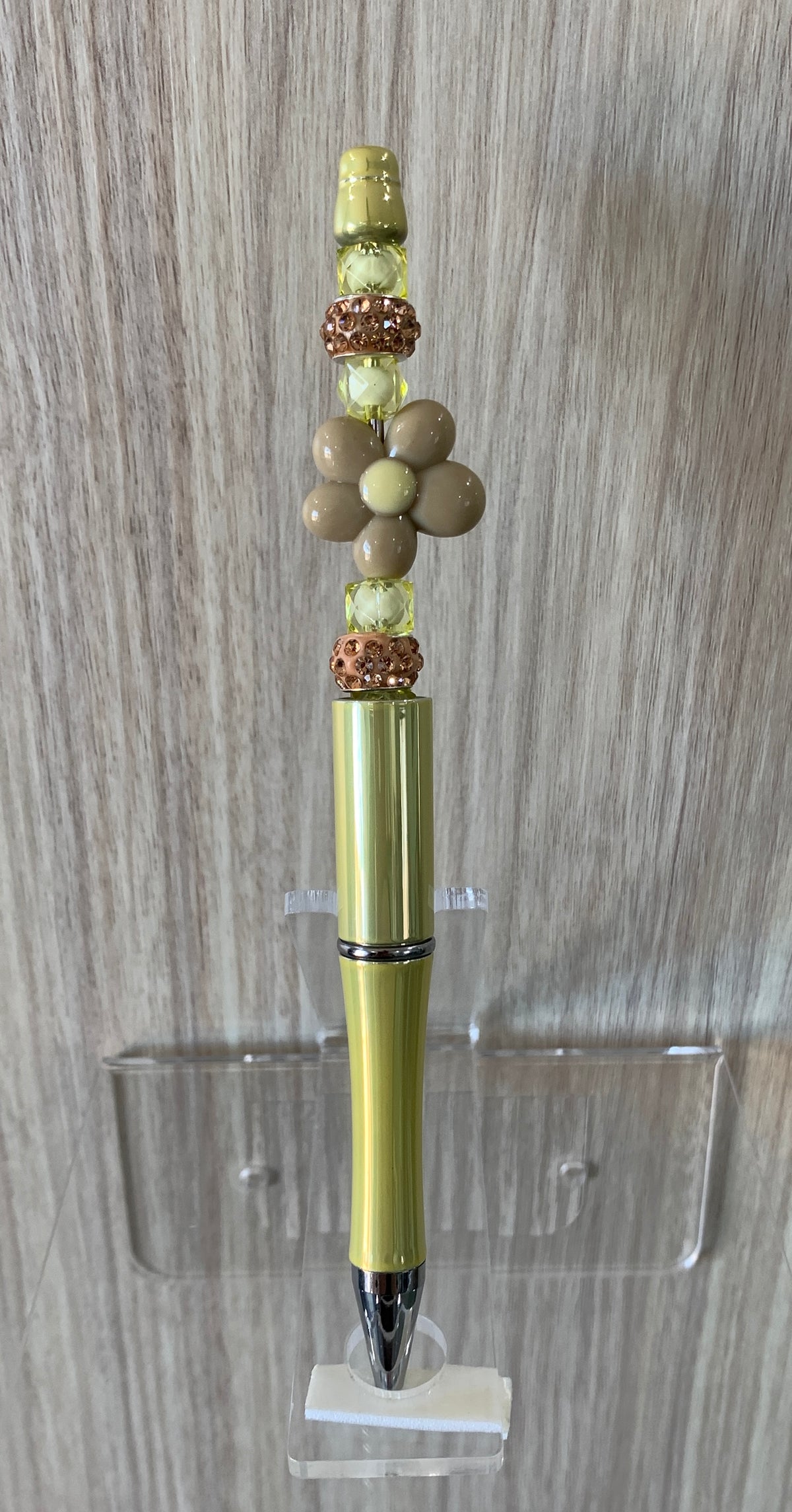 Beaded Pen - Yellow Cream Daisy Flower Bead Rose Gold Spiky Ball Beads Green Seed Beads