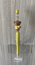 Beaded Pen - Yellow Speckled Teddy Bear Charm Holding Bunny Clear Faceted Beads