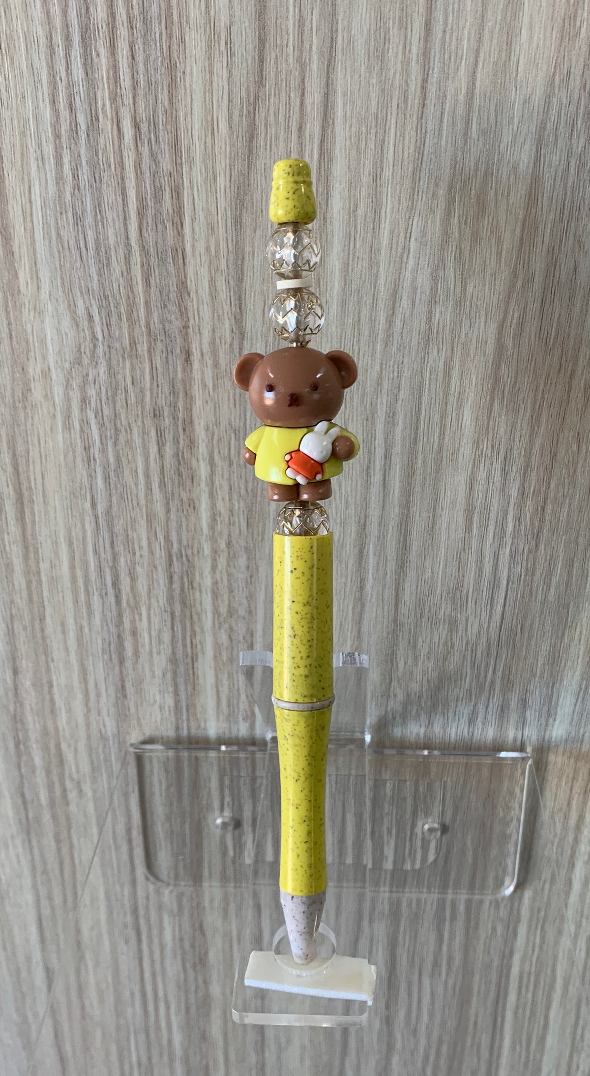 Beaded Pen - Yellow Speckled Teddy Bear Charm Holding Bunny Clear Faceted Beads