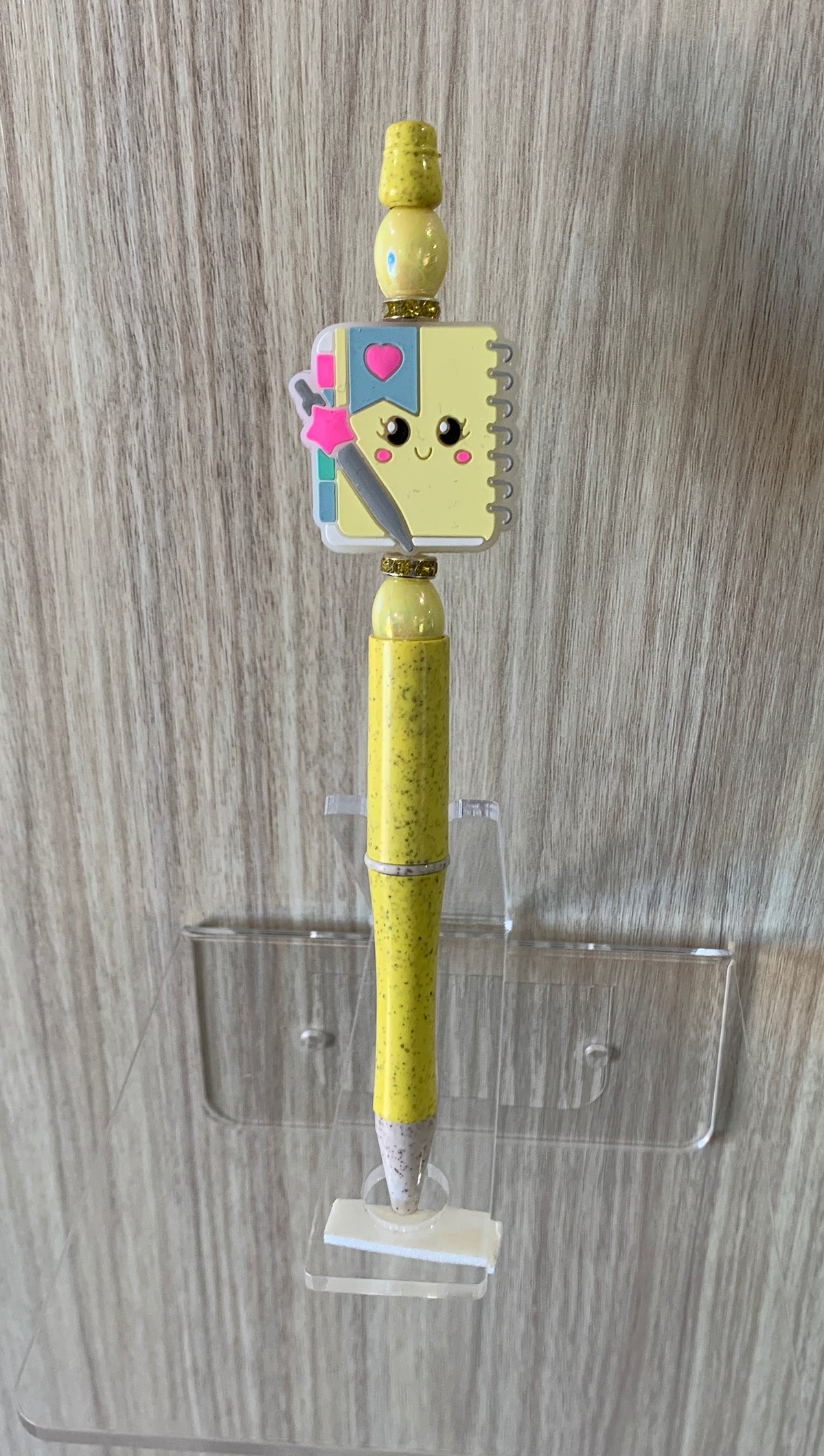 Beaded Pen - Yellow Kawaii Notebook Charm Smiley Face Cream Oval Beads
