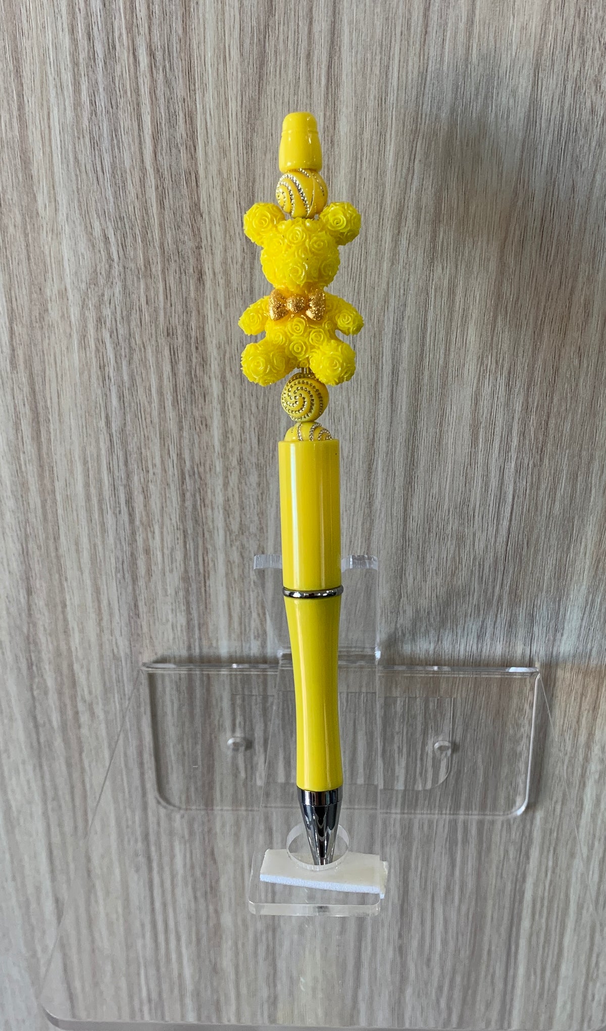 Beaded Pen - Yellow Rose Textured Teddy Bear Charm Gold Filigree Spiral Beads