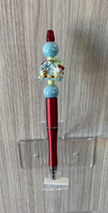 Beaded Pen - Red Cottage House Charm Blue White Light Blue Ball Beads