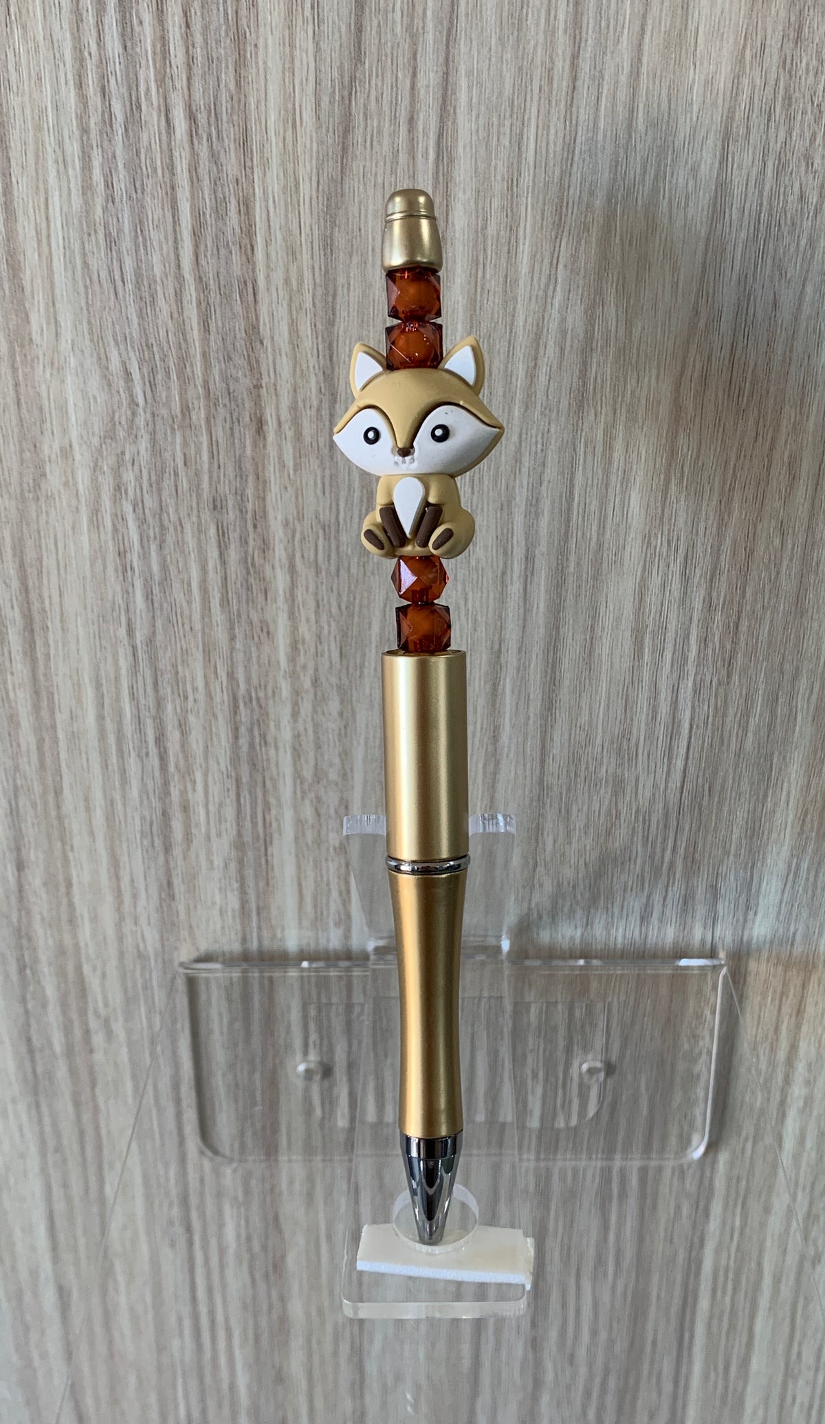 Beaded Pen - Gold Kawaii Fox Charm Dark Amber Brown Faceted Crystal Beads