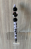 Beaded Pen - White Paw Print Tuxedo Cat Face Charm Black Ball Beads