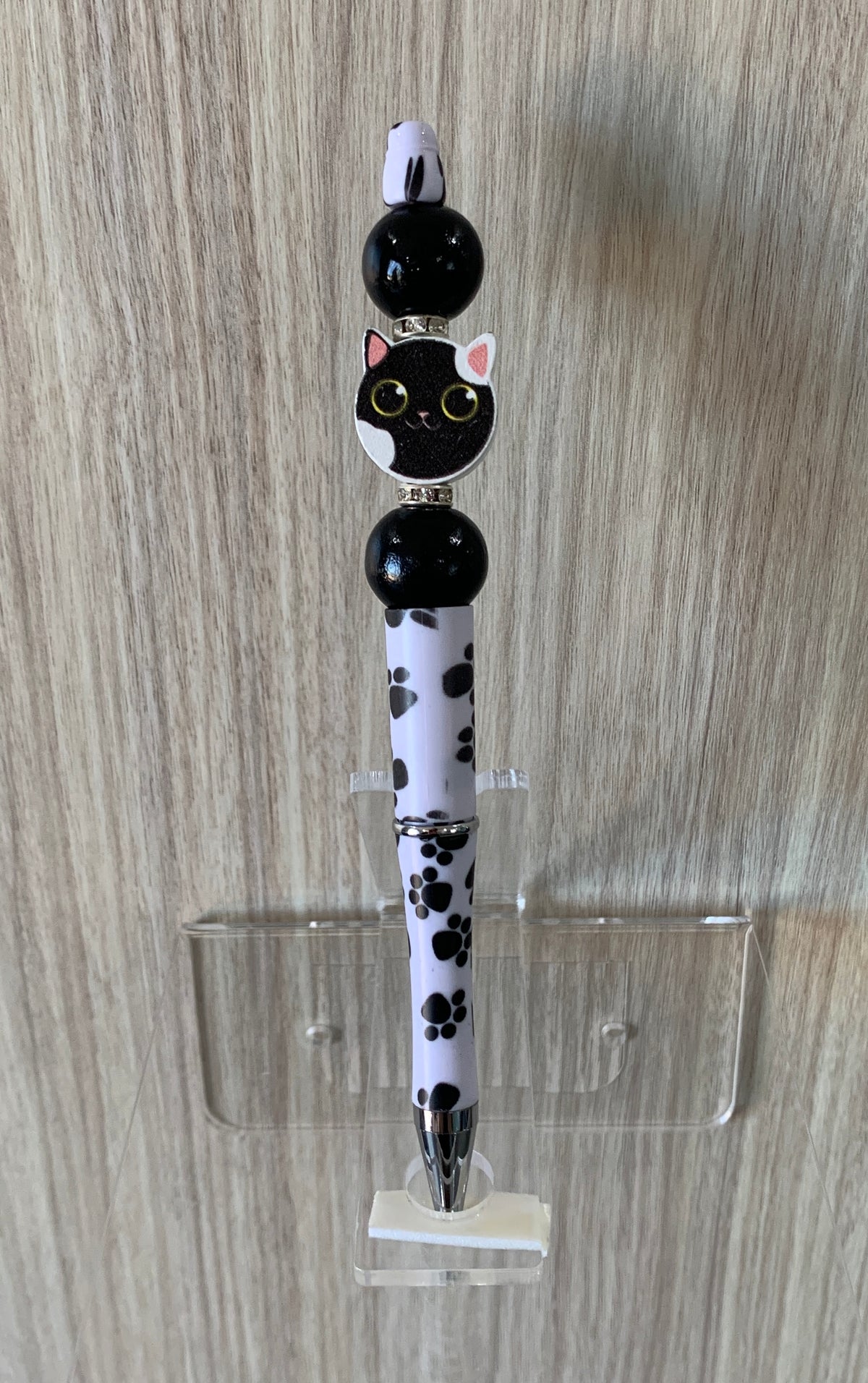 Beaded Pen - White Paw Print Tuxedo Cat Face Charm Black Ball Beads