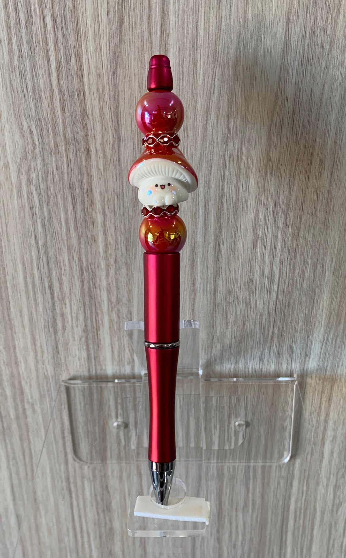 Handmade Kawaii Toadstool Mushroom Beaded Pen - Crimson Red