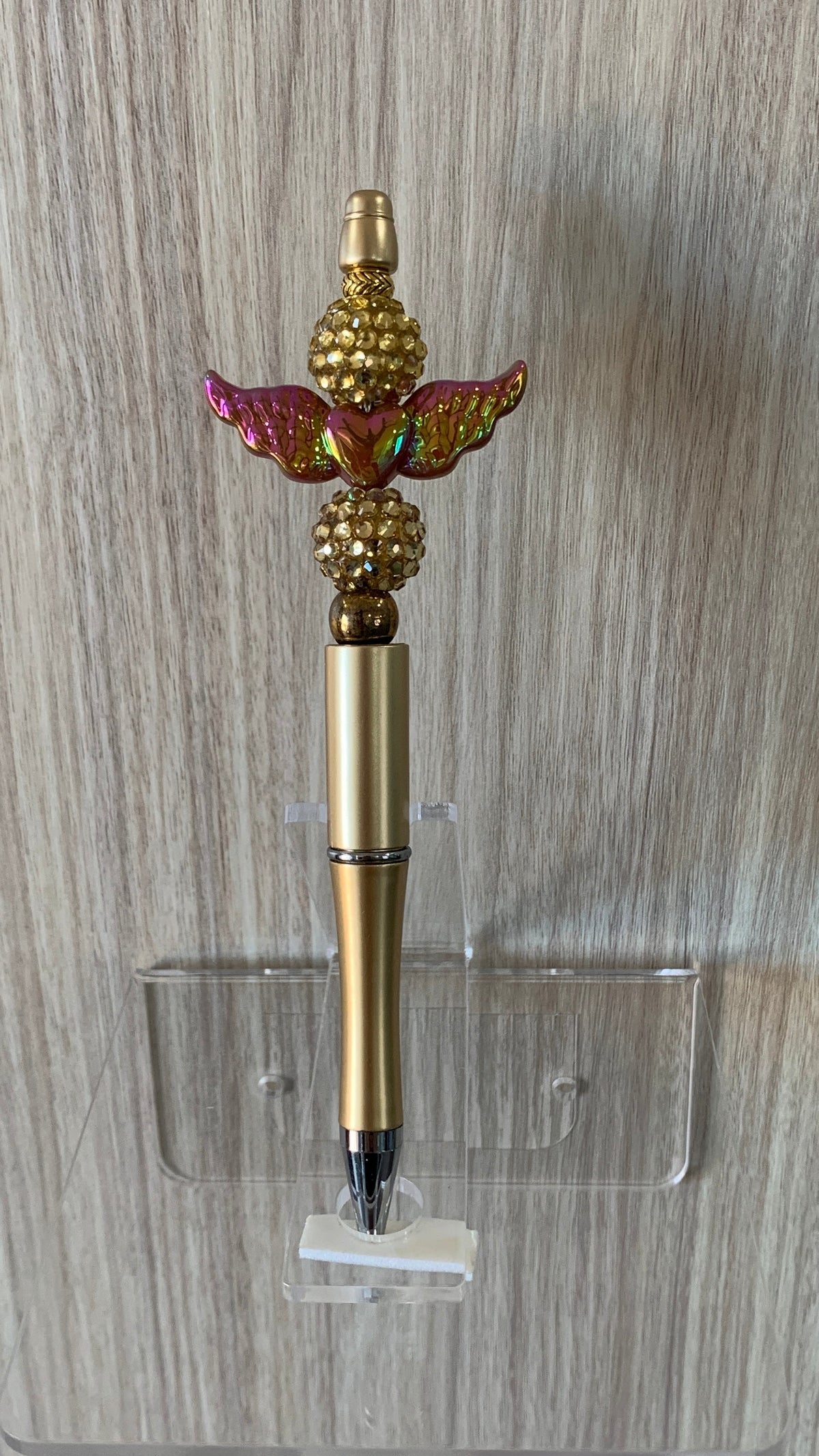 Handmade Iridescent Angel Wings & Disco Ball Beaded Pen - Gold
