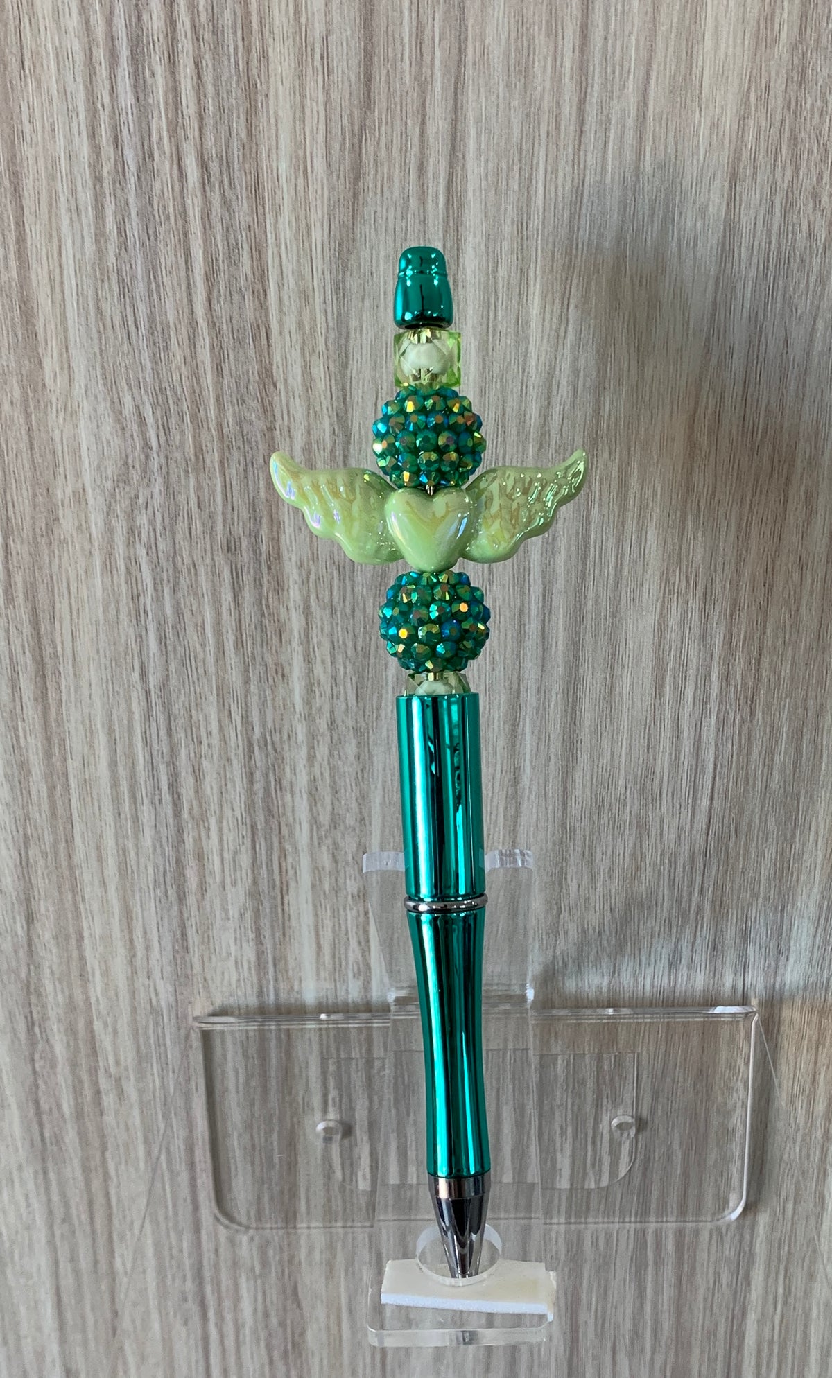 Handmade Angel Wings & Rhinestone Beaded Pen - Teal & Emerald