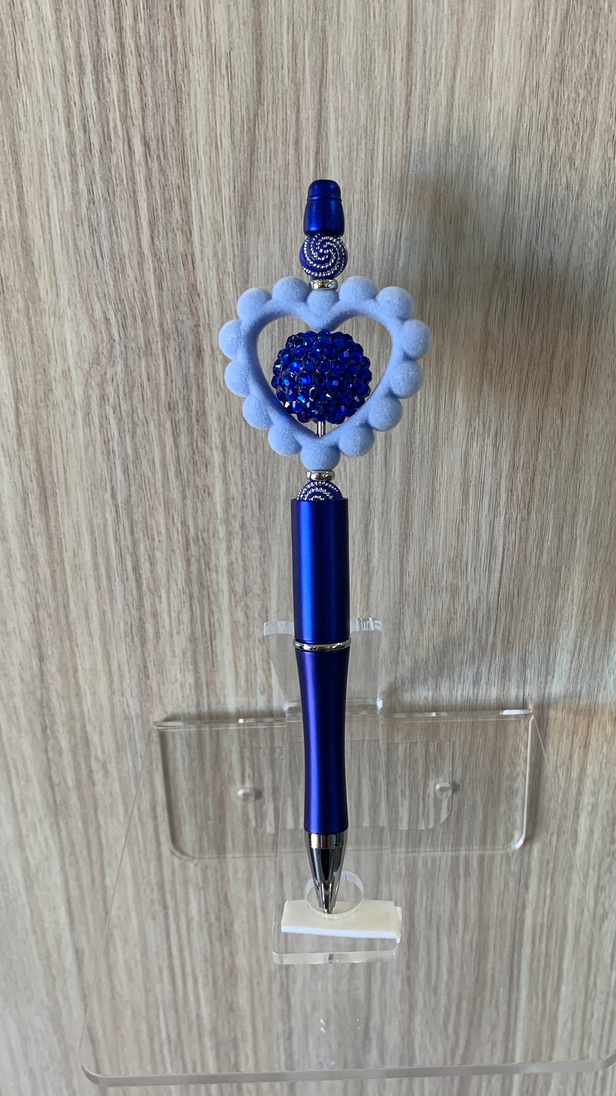 Handmade Open Heart Rhinestone Beaded Pen - Royal Blue & White