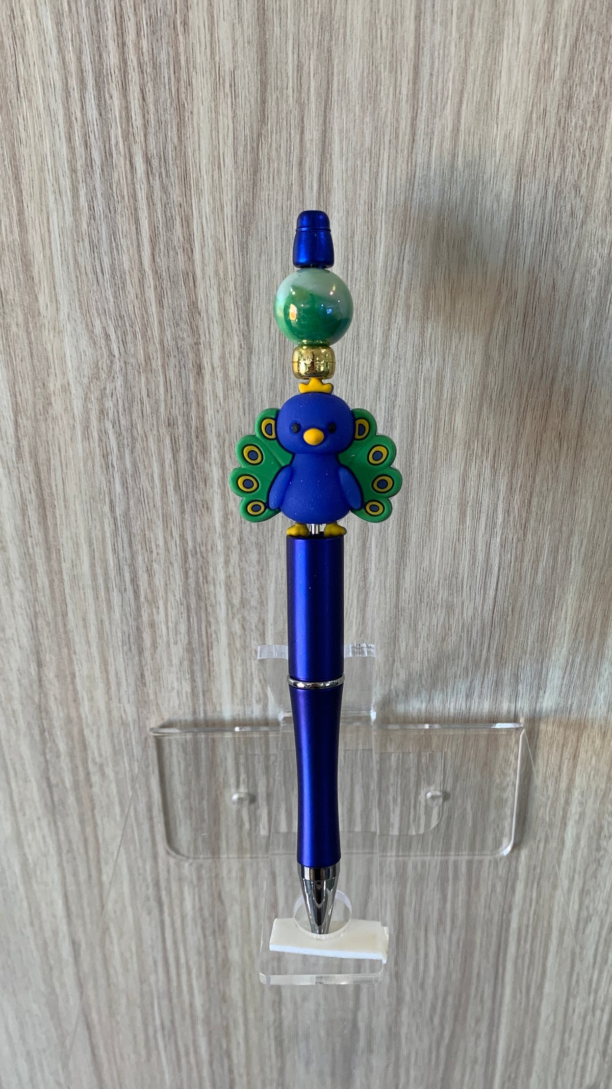 Handmade Kawaii Peacock Charm Beaded Pen - Cobalt Blue & Teal