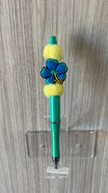 Handmade Hibiscus & Fluffy Pom Pom Beaded Pen - Teal & Blue